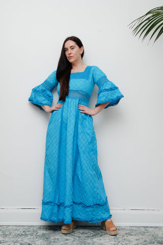 1970's Blue Cotton Lace Mexican Wedding Kaftan Dress