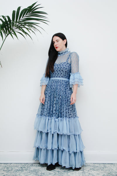 Vintage Floral Lace Blue Frilly Victorian Maxi Dress