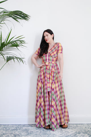 1970's Betty Barclay Checked Paid Prairie Maxi Dress