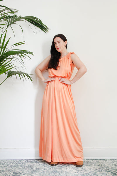 1970's Grecian One Shoulder Peach Maxi Dress