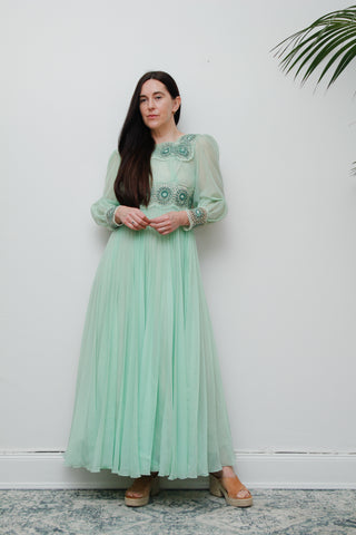 Rare Vintage Mint Green Pleated Dress – Crochet Floral Waist, Deep V-Back, Ethereal Boho Style