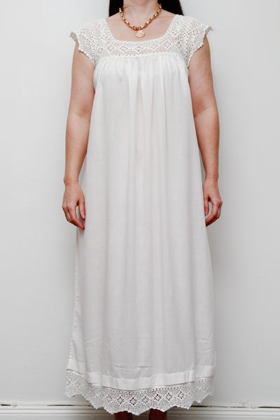 1970'sWhite Ethereal Crochet Cotton Smock Long Dress