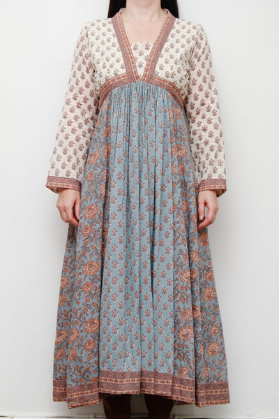 Vintage Indian Block Print Cotton Maxi Dress