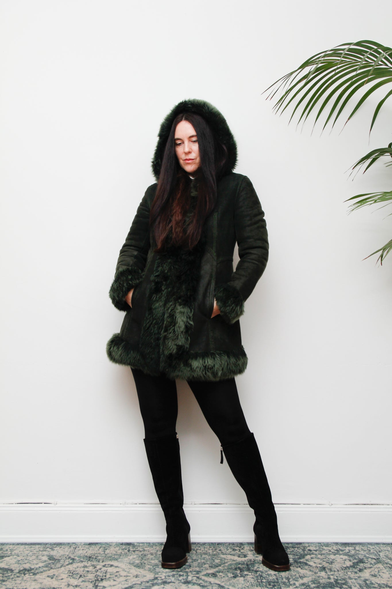 1970's Green Suede Penny Lane Hooded Sheepskin Coat