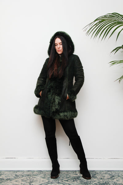 1970's Green Suede Penny Lane Hooded Sheepskin Coat