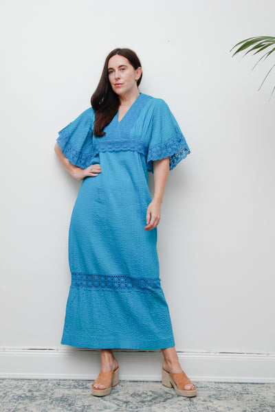 1970's Turquoise Blue Cotton Lace Mexican Wedding Kaftan Dress