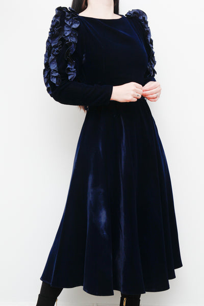 1980's Louis Feraud Blue Velvet Volant Gothic Frilly Dress