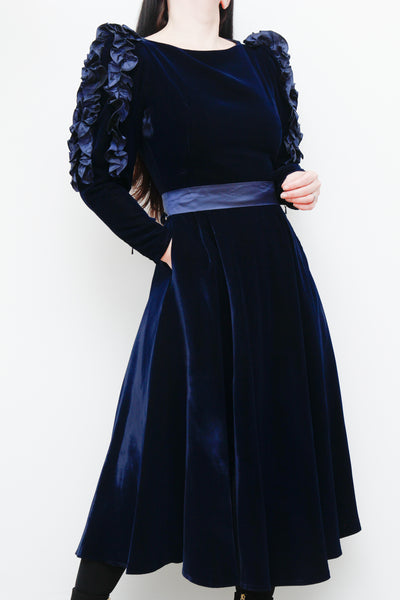 1980's Louis Feraud Blue Velvet Volant Gothic Frilly Dress