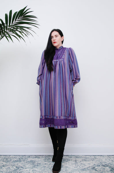 1970's Indian Cotton Hand Emboridered Lurex Smock Dress
