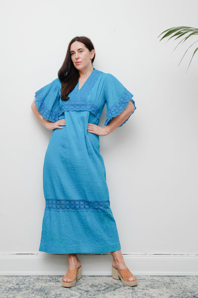 1970's Turquoise Blue Cotton Lace Mexican Wedding Kaftan Dress