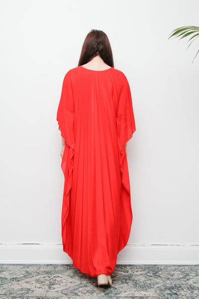 Rare Vintage Pleated Kaftan Dress | Bold Red Accordion Pleats – Boho Goddess Day to Night Maxi Dress