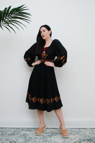 1970's Floral Billowing Sleeves Floral Folklore Dress Rare