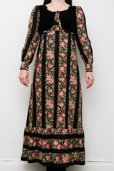 1970's Floral Cotton Velvet Folklore Maxi Dress Rare