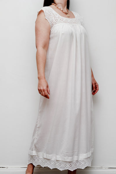 1970'sWhite Ethereal Crochet Cotton Smock Long Dress