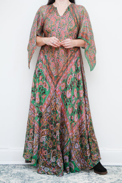 1970's Indian Silk Handkerchief Gauze Kaftan Maxi Dress