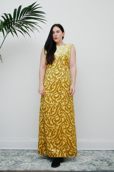 1960's Gold Velvet Embossed Maxi Dress Rare
