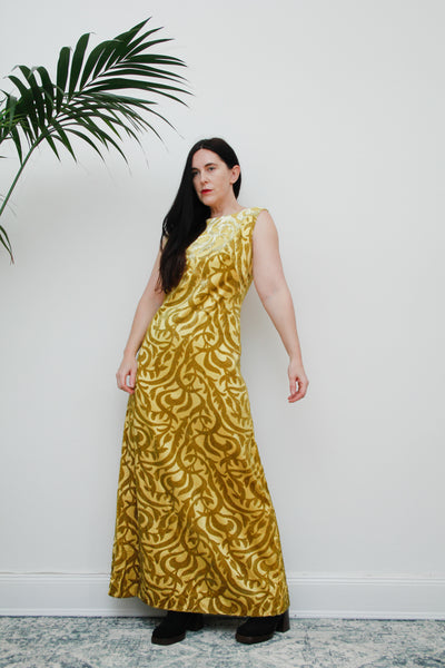 1960's Gold Velvet Embossed Maxi Dress Rare