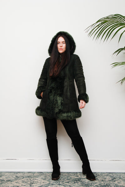 1970's Green Suede Penny Lane Hooded Sheepskin Coat