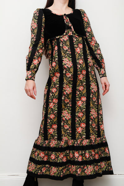 1970's Floral Cotton Velvet Folklore Maxi Dress Rare