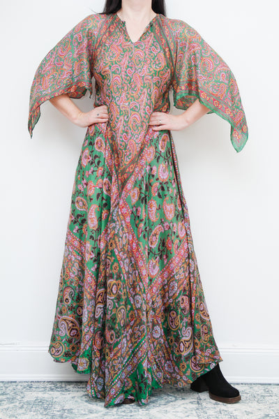 1970's Indian Silk Handkerchief Gauze Kaftan Maxi Dress