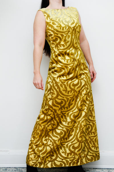 1960's Gold Velvet Embossed Maxi Dress Rare