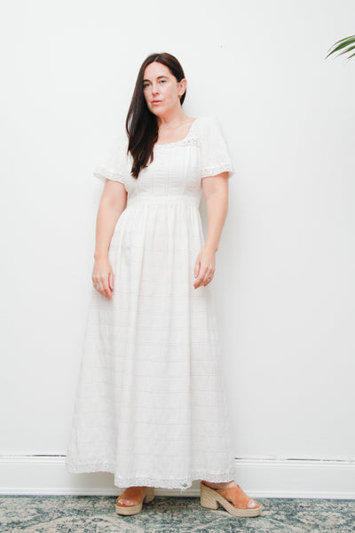 Vintage White Cotton Maxi Dress | Ethereal Lace Boho Dress – Empire Waist Pin-Tuck Summer Gown