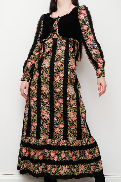 1970's Floral Cotton Velvet Folklore Maxi Dress Rare