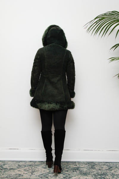 1970's Green Suede Penny Lane Hooded Sheepskin Coat