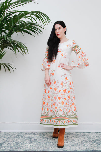 Vintage Floral Cotton Flute Sleeve Maxi Dress 1970's