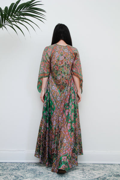 1970's Indian Silk Handkerchief Gauze Kaftan Maxi Dress