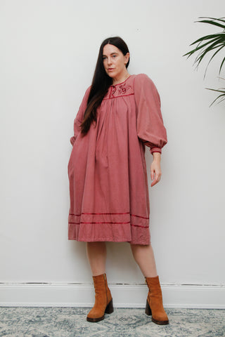 Vintage Floral Embroidered Cotton Smock Dress