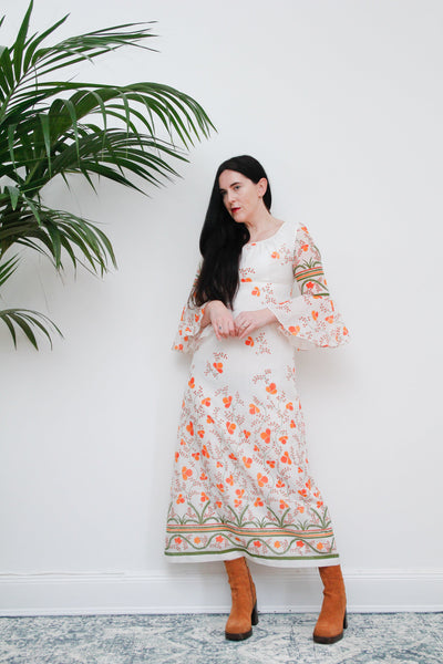 Vintage Floral Cotton Flute Sleeve Maxi Dress 1970's