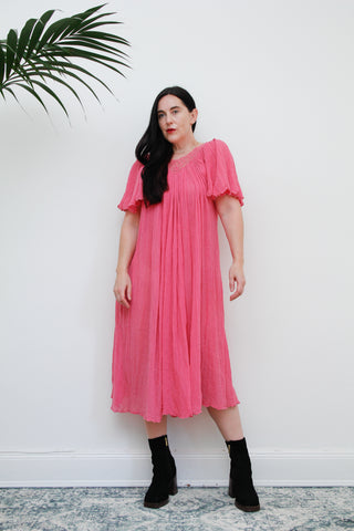 1970's Pink Lace Grecian Cotton Smock Dress