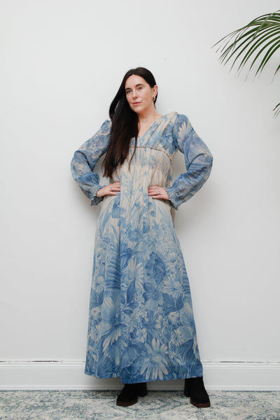 1970's Blue Floral Ethereal Maxi Dress