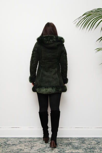 1970's Green Suede Penny Lane Hooded Sheepskin Coat