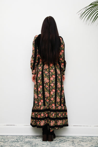 1970's Floral Cotton Velvet Folklore Maxi Dress Rare