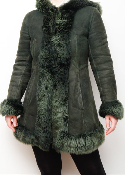 1970's Green Suede Penny Lane Hooded Sheepskin Coat