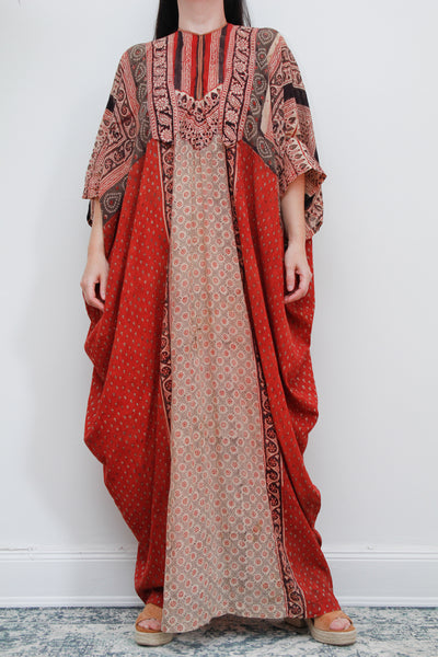 1970's Anokhi Indian Cotton Gauze Fabric Kaftan Sleeve Maxi Rare