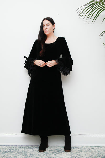 1970's Black Velvet Lace Floral Prairie Flute Sleeve Maxi Dress