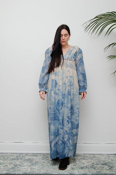 1970's Blue Floral Ethereal Maxi Dress