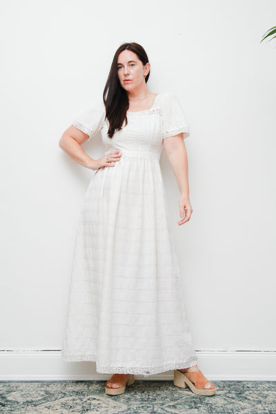 Vintage White Cotton Maxi Dress | Ethereal Lace Boho Dress – Empire Waist Pin-Tuck Summer Gown