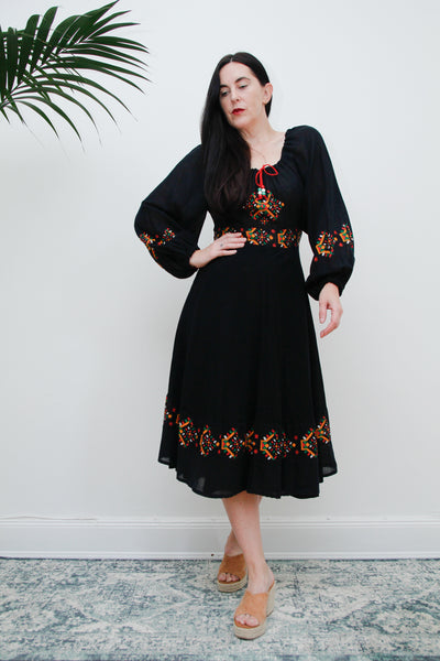 1970's Floral Billowing Sleeves Floral Folklore Dress Rare