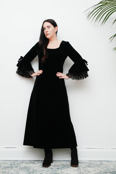 1970's Black Velvet Lace Floral Prairie Flute Sleeve Maxi Dress