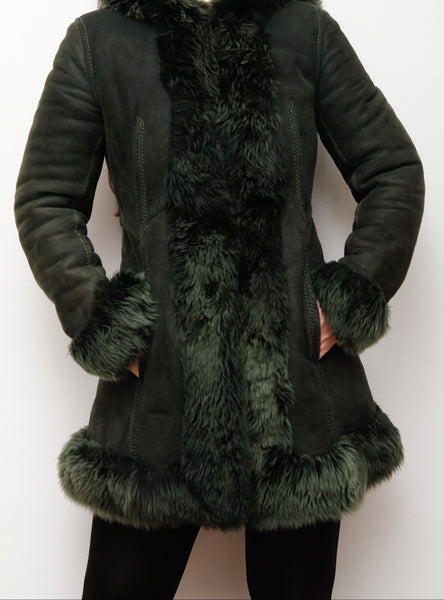 1970's Green Suede Penny Lane Hooded Sheepskin Coat