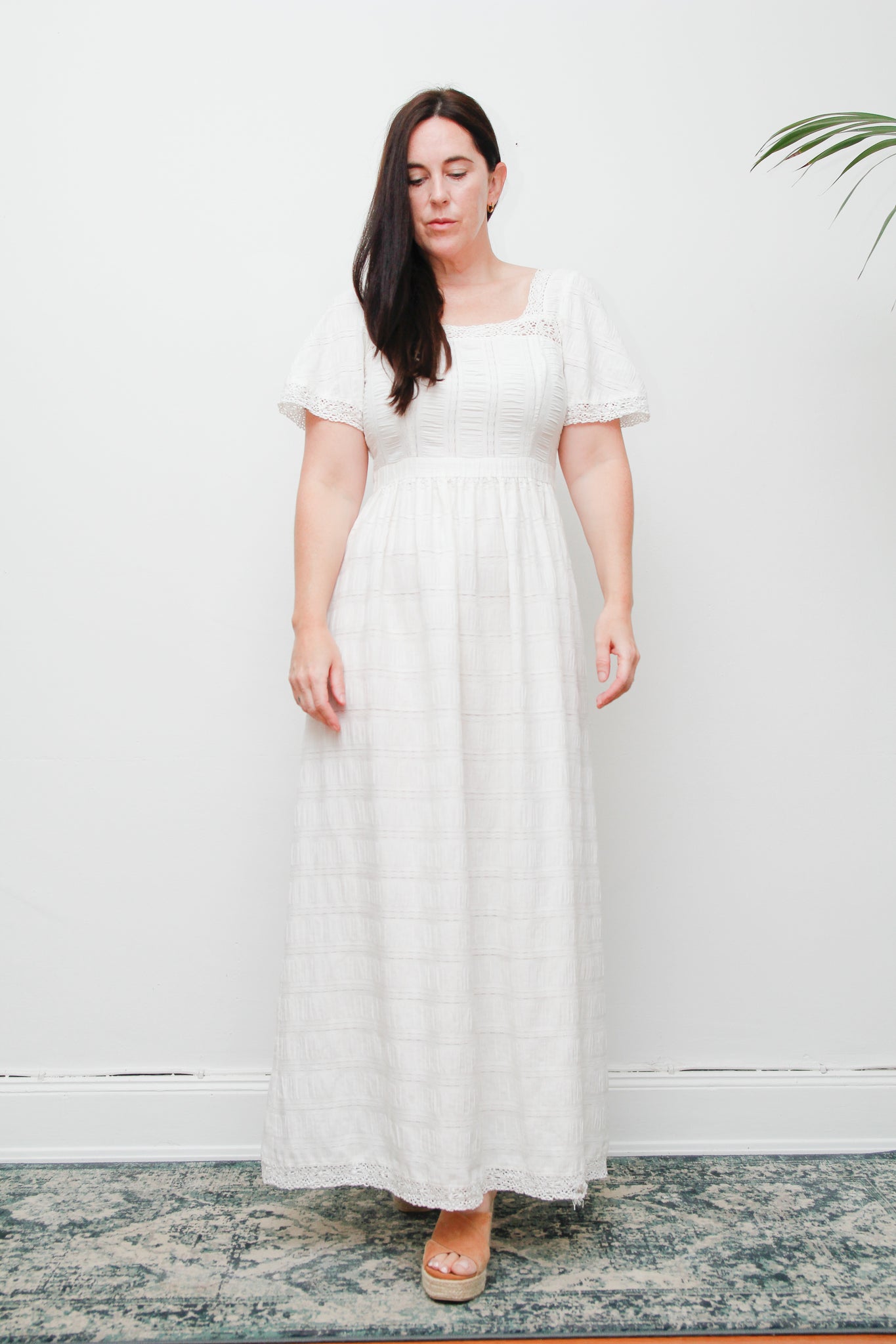 Vintage White Cotton Maxi Dress | Ethereal Lace Boho Dress – Empire Waist Pin-Tuck Summer Gown