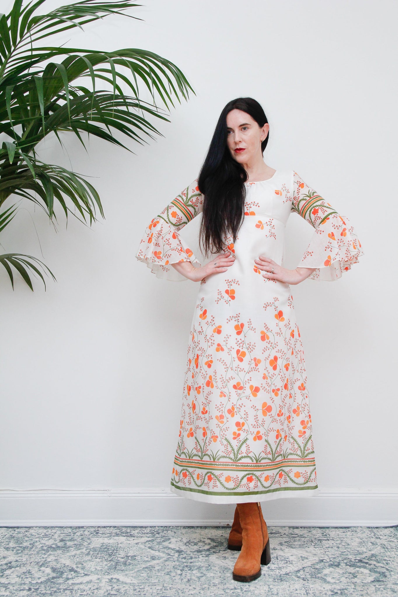 Vintage Floral Cotton Flute Sleeve Maxi Dress 1970's