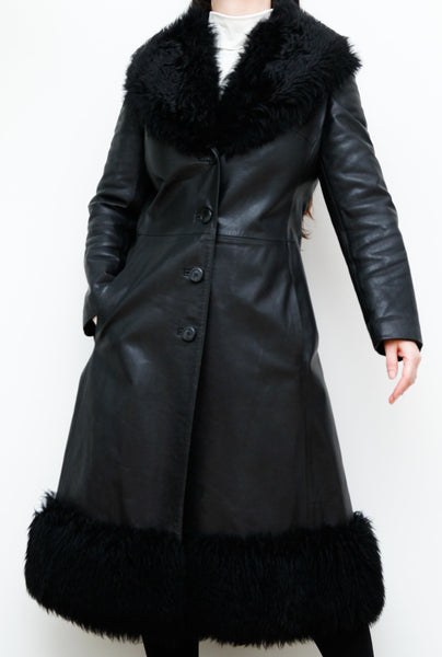 1970's Afghan Penny Lane Fur Collar Black Leather Coat