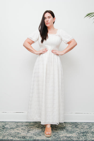 Vintage White Cotton Maxi Dress | Ethereal Lace Boho Dress – Empire Waist Pin-Tuck Summer Gown