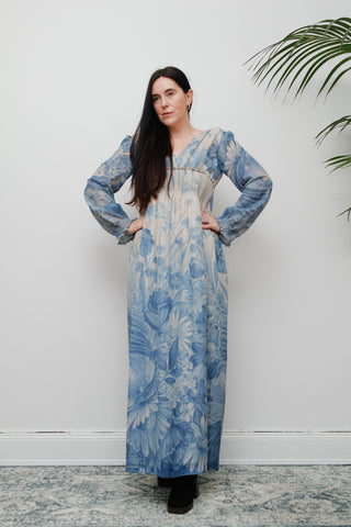 1970's Blue Floral Ethereal Maxi Dress