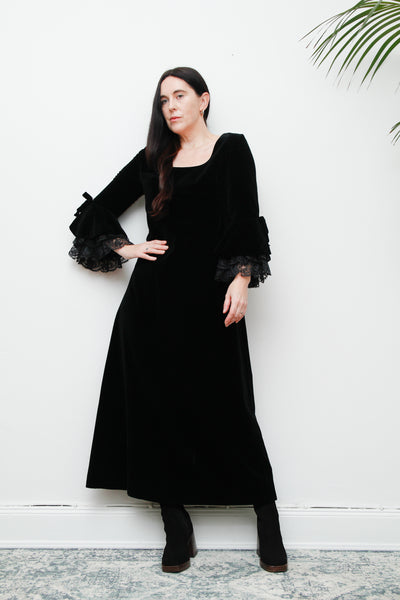 1970's Black Velvet Lace Floral Prairie Flute Sleeve Maxi Dress